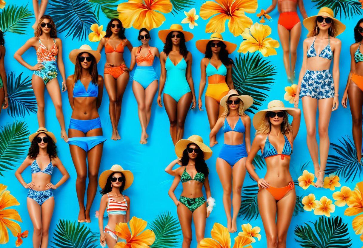 A stunning beach scene depicting a diverse group of fashionable individuals showcasing the latest sexy swimwear and beachwear styles for 2023. Bright sun, clear blue ocean, and golden sand enhance the vibrant colors of the swimwear. Include stylish accessories like sunglasses and beach hats to capture the trend. The atmosphere is lively and inviting, beckoning viewers to embrace summer. floral patterns and tropical elements in the background. super-realistic. vibrant colors. 3D.